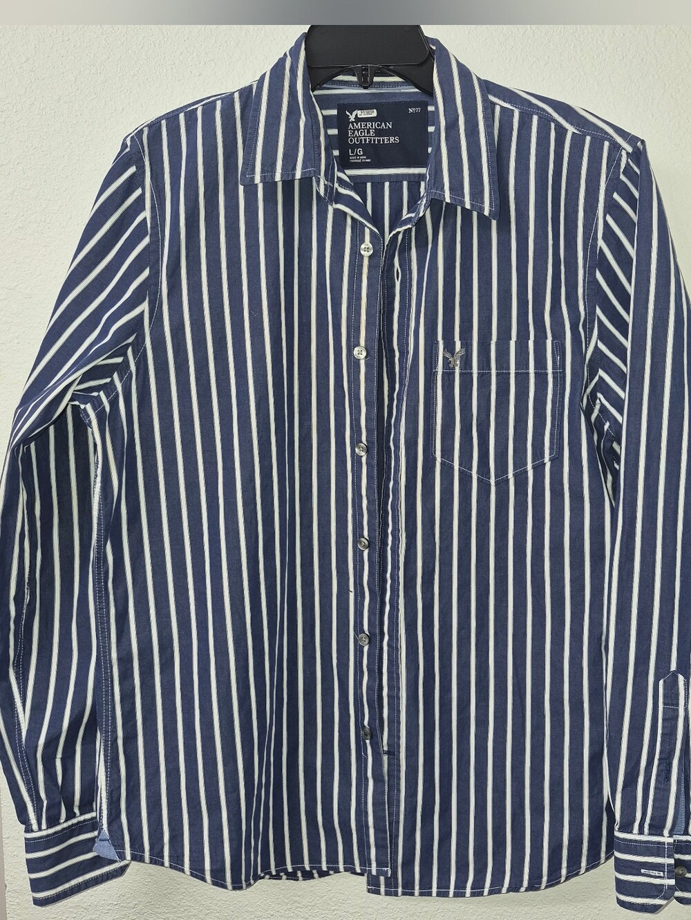 American Eagle Outfitters Navy and White Vertical Stripe Button-Down Shirt